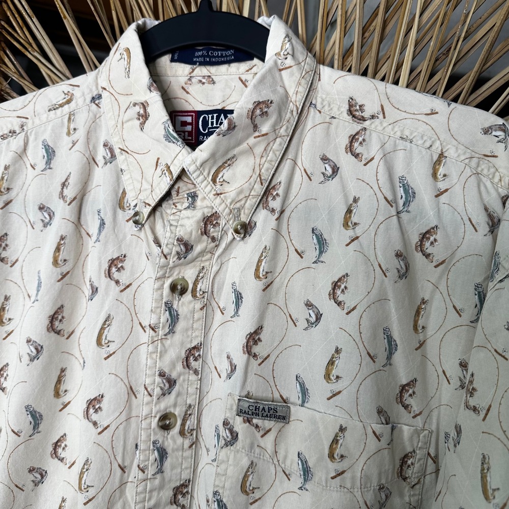 Chaps Ralph Lauren Mens M Vintage Fishing Print Cotton Button Down Shirt Cream